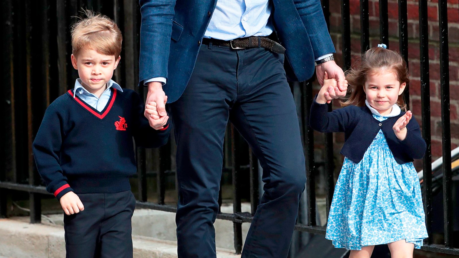 Prince William arrives with Prince George and Princess Charlotte at the Lindo Wing after Kate Middleton gave birth to their son at St. Mary's Hospital on April 23, 2018 in London, England.