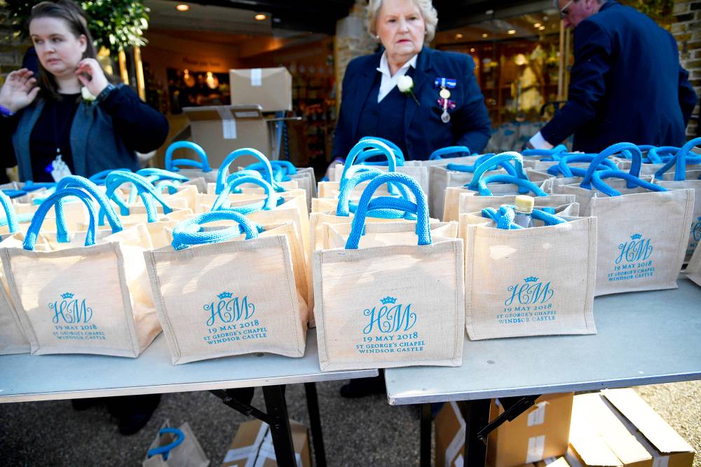 Monogrammed gift bags at Windsor Castle before the wedding of Prince Harry to Meghan Markle on May 19, 2018 in Windsor, England.