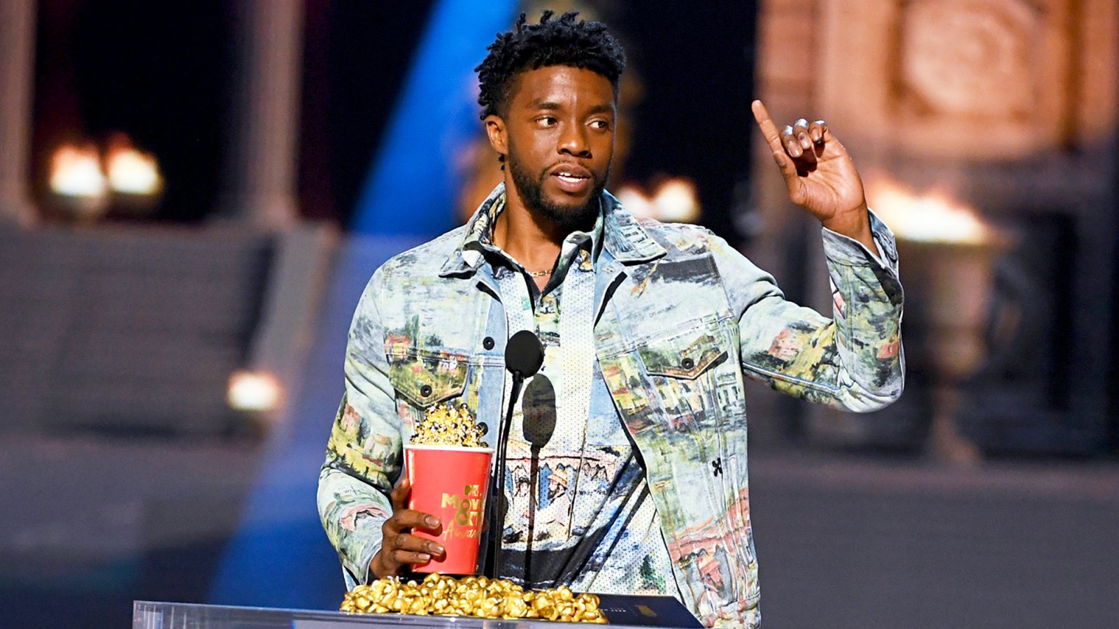 Chadwick Boseman accepts the Best Hero award for 'Black Panther' onstage during the 2018 MTV Movie And TV Awards at Barker Hangar on June 16, 2018 in Santa Monica, California.