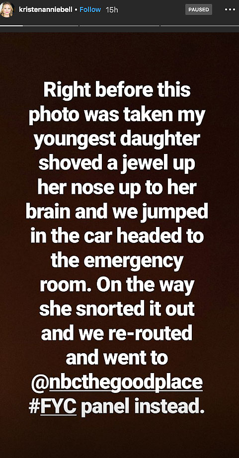Kristen Bell Instagram Story Daughter Jewel Up Nose