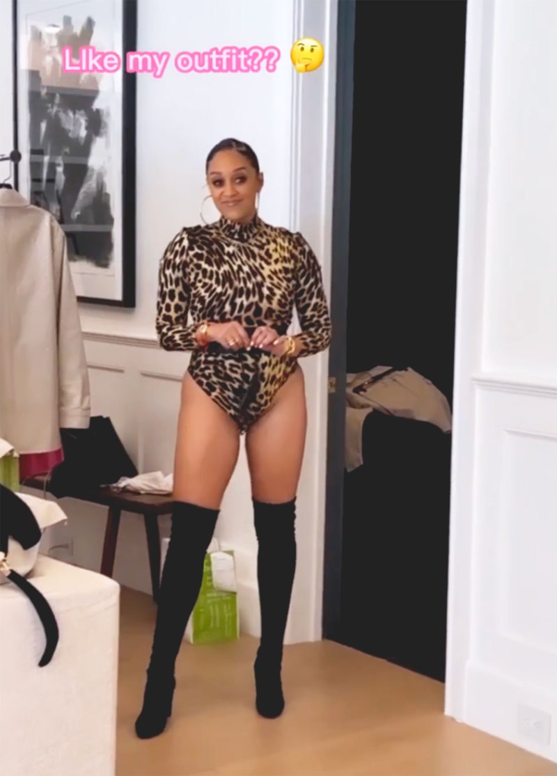 Tia Mowry’s son poking fun at her outfit leopard leotard