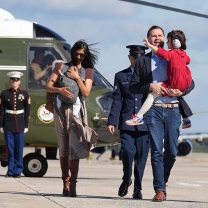 Second Lady Usha Vance Stumbles on Helicopter Stairs While Holding 11-Week-Old Son