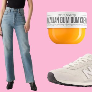 Tarte Mascara, Levi's Jeans, New Balance sneakers and Sol De Janeiro Lotion