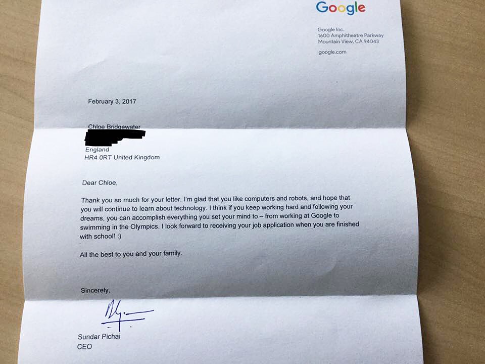 Sundhar Pichai Chloe Bridgewater Google Girl letter