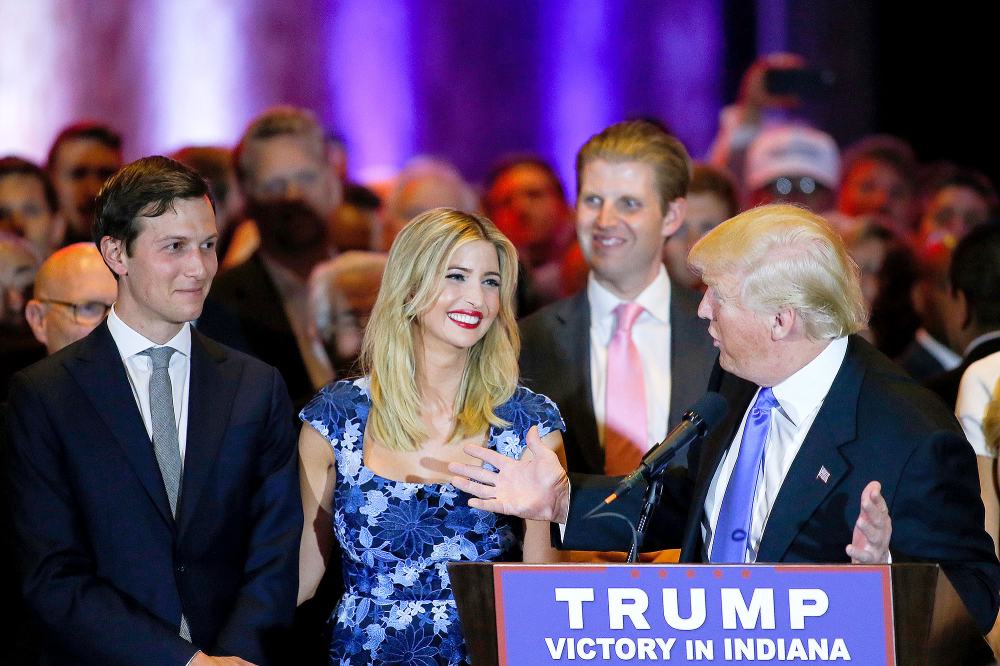 Jared Kushner (L) looks on as his wife Ivanka Trump smiles at her father Republican presidential front runner Donald Trump during his speech to supporters and the media at Trump Tower in Manhattan following his victory in the Indiana primary on May 03, 2016