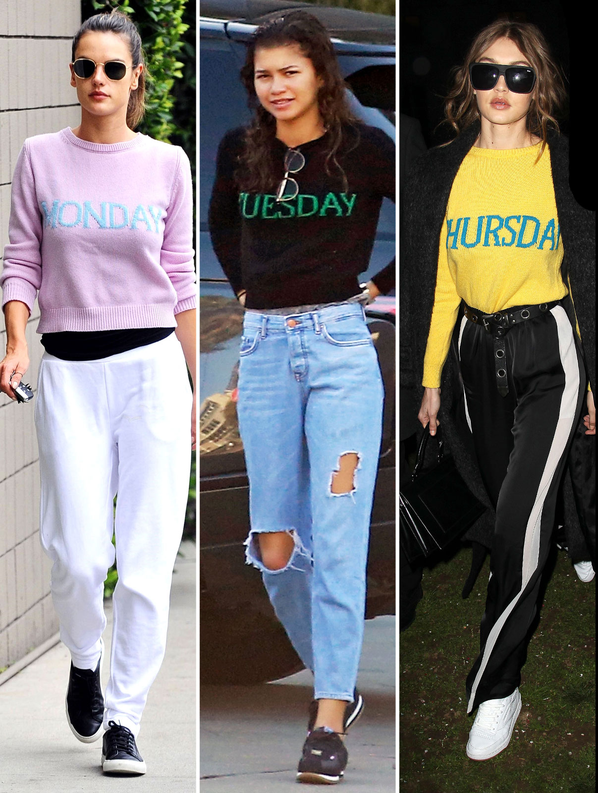 Celebrities in Alberta Ferretti Rainbow Week Sweaters Gigi Hadid