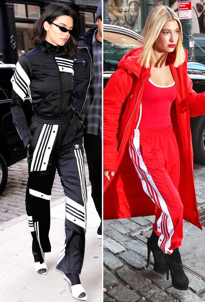 Kendall Jenner looks trendy in a windbreaker and black Adidas