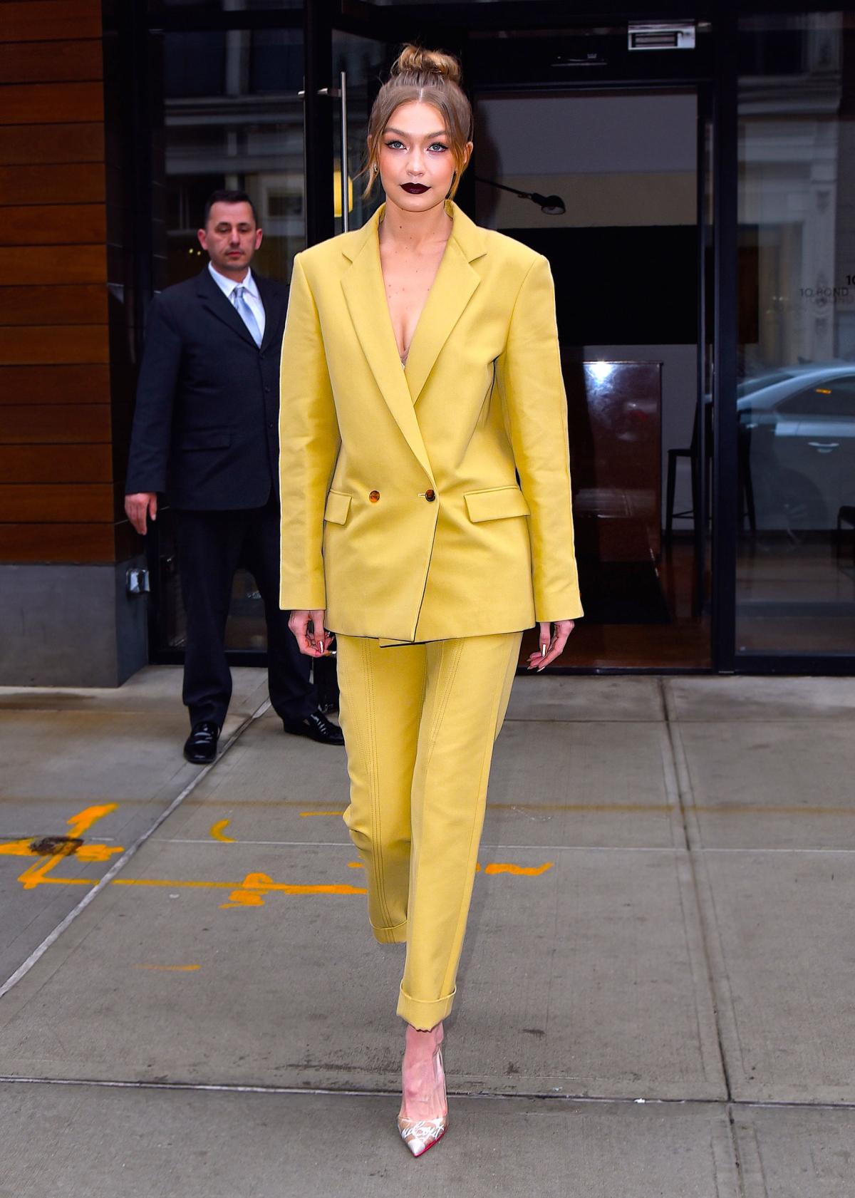 Gigi Hadid Yellow Ankle Length Jumpsuit Street Style 2022 on SASSY DAILY in  2023