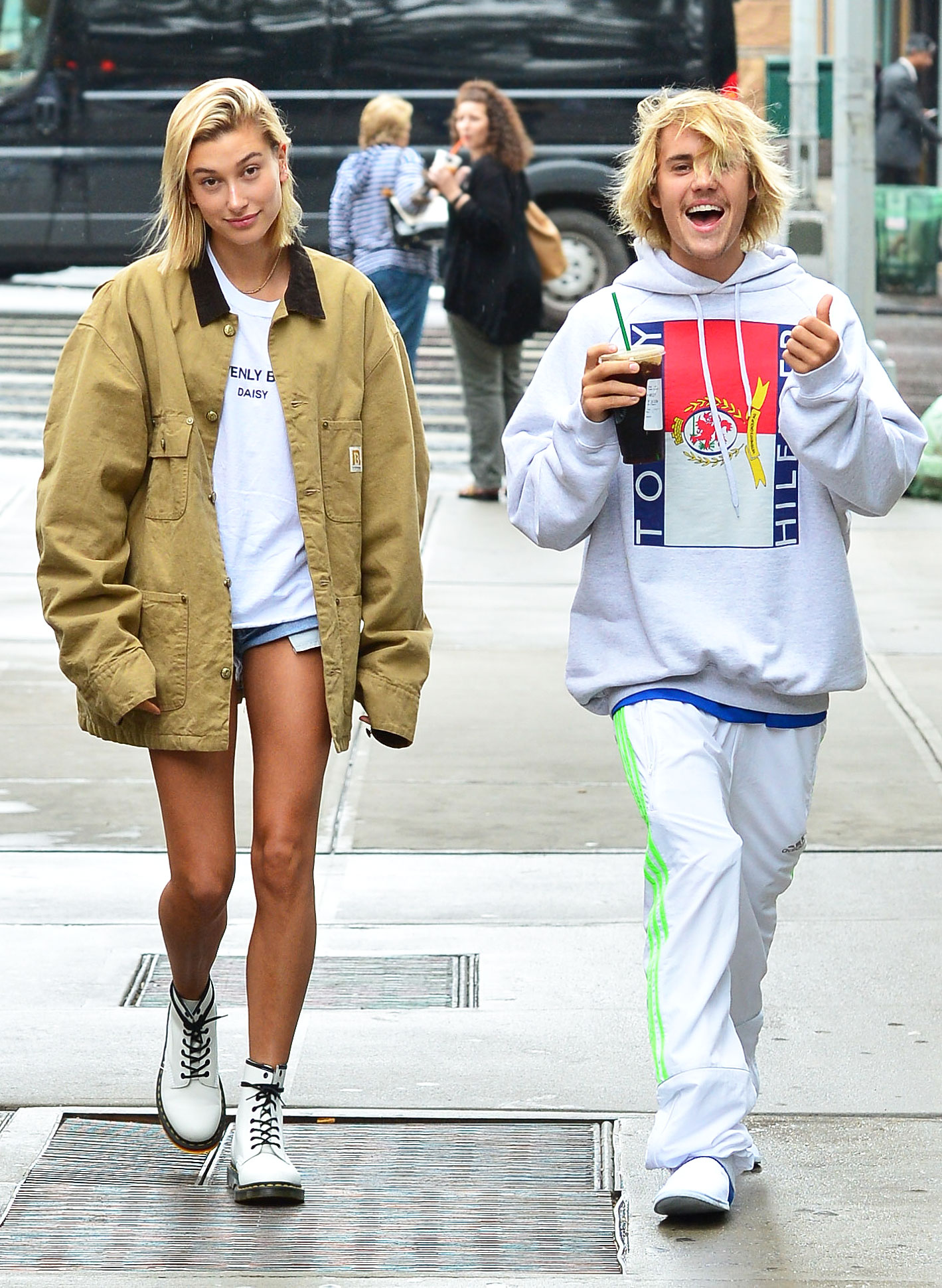 Hailey Baldwin s Denim Cutoff Shorts Combat Boots Get the Look Us Weekly