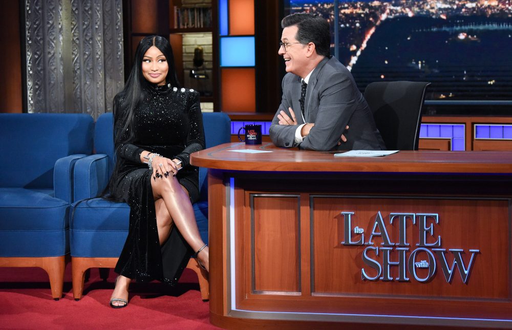 The Late Show with Stephen Colbert and guest Nicki Minaj during Monday's August 13, 2018 show.