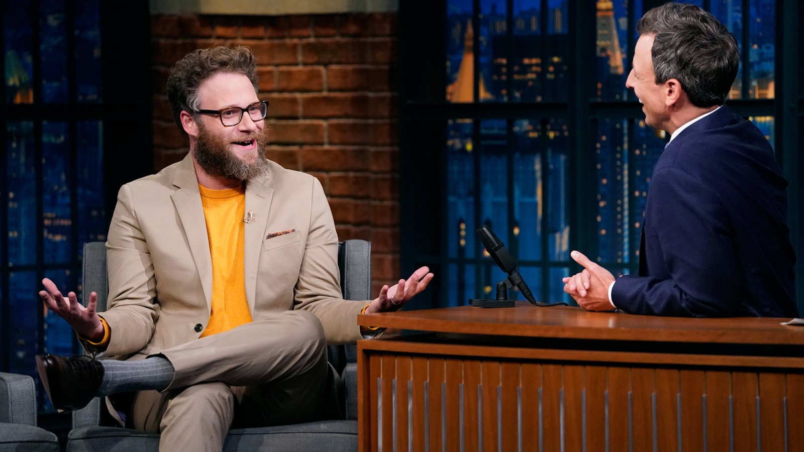 Seth Rogen during an interview with host Seth Meyers on August 8, 2018.