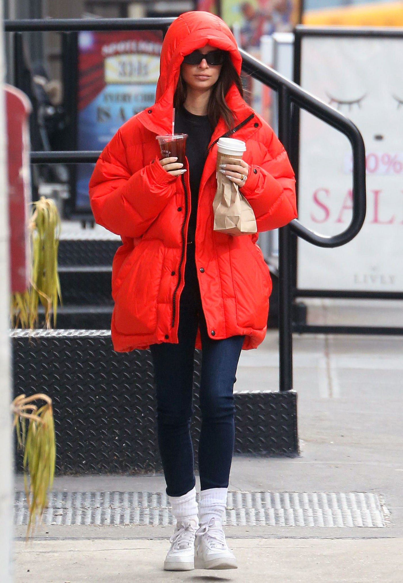 red puffer coat
