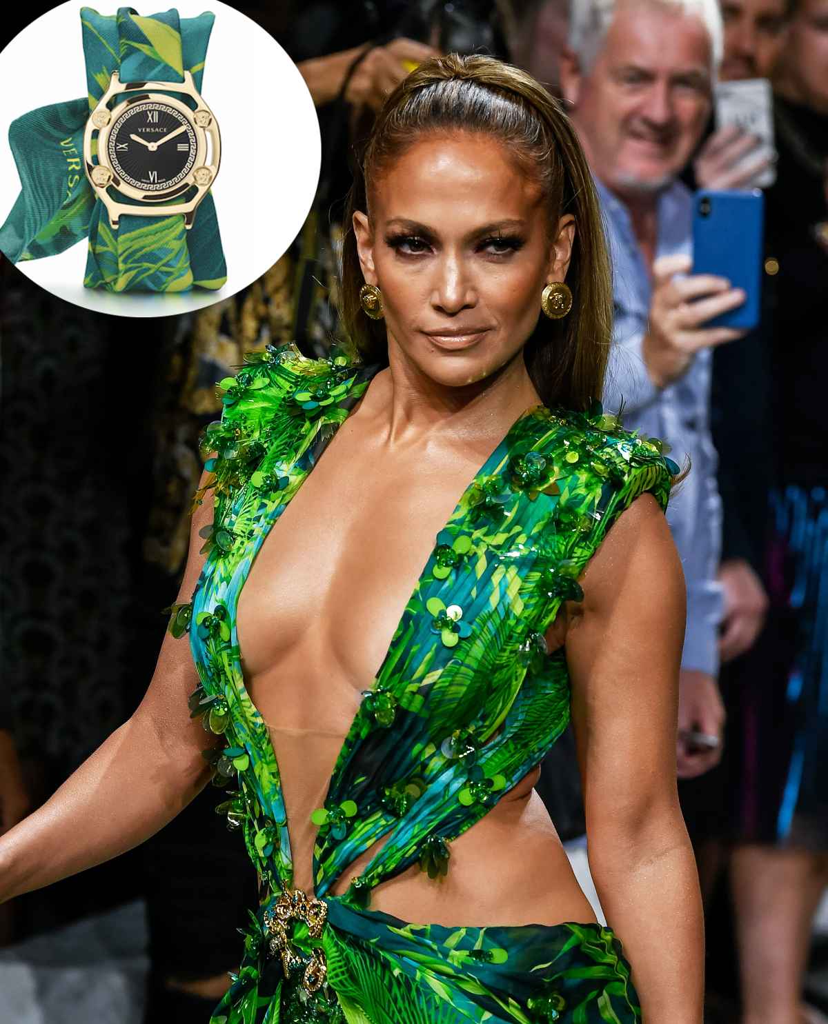 Image of Jennifer Lopez (wearing a Louis Vuitton dress) at