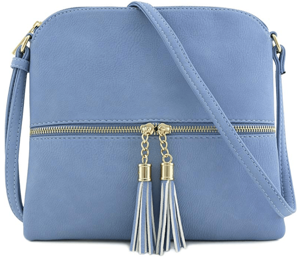 Thela Mini Taupe And Blue With Zip Closure Cross Body Bag For Women In Gold