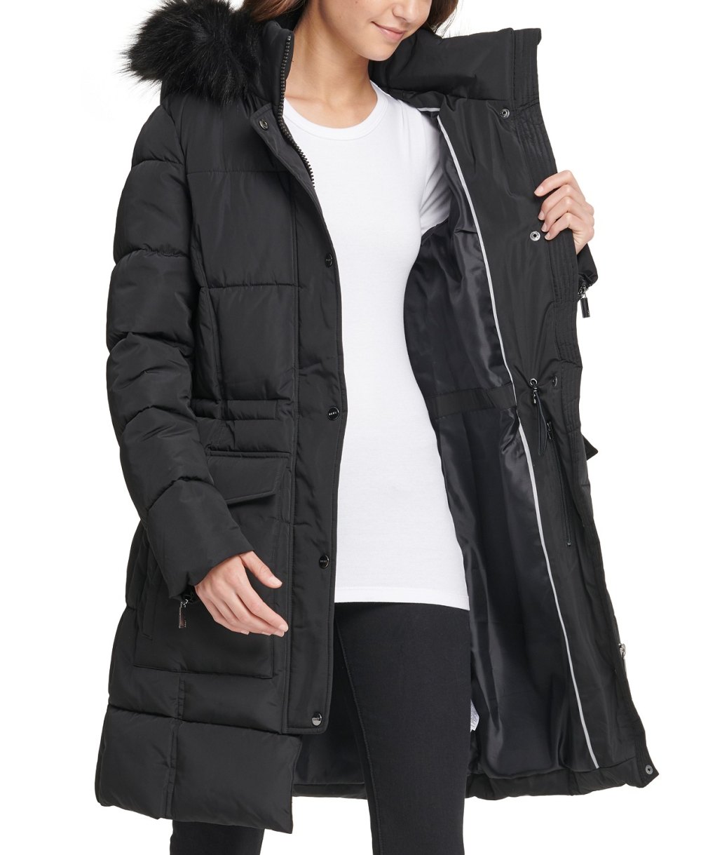 DKNY Faux-Fur-Trim Hooded Puffer Coat (Black)