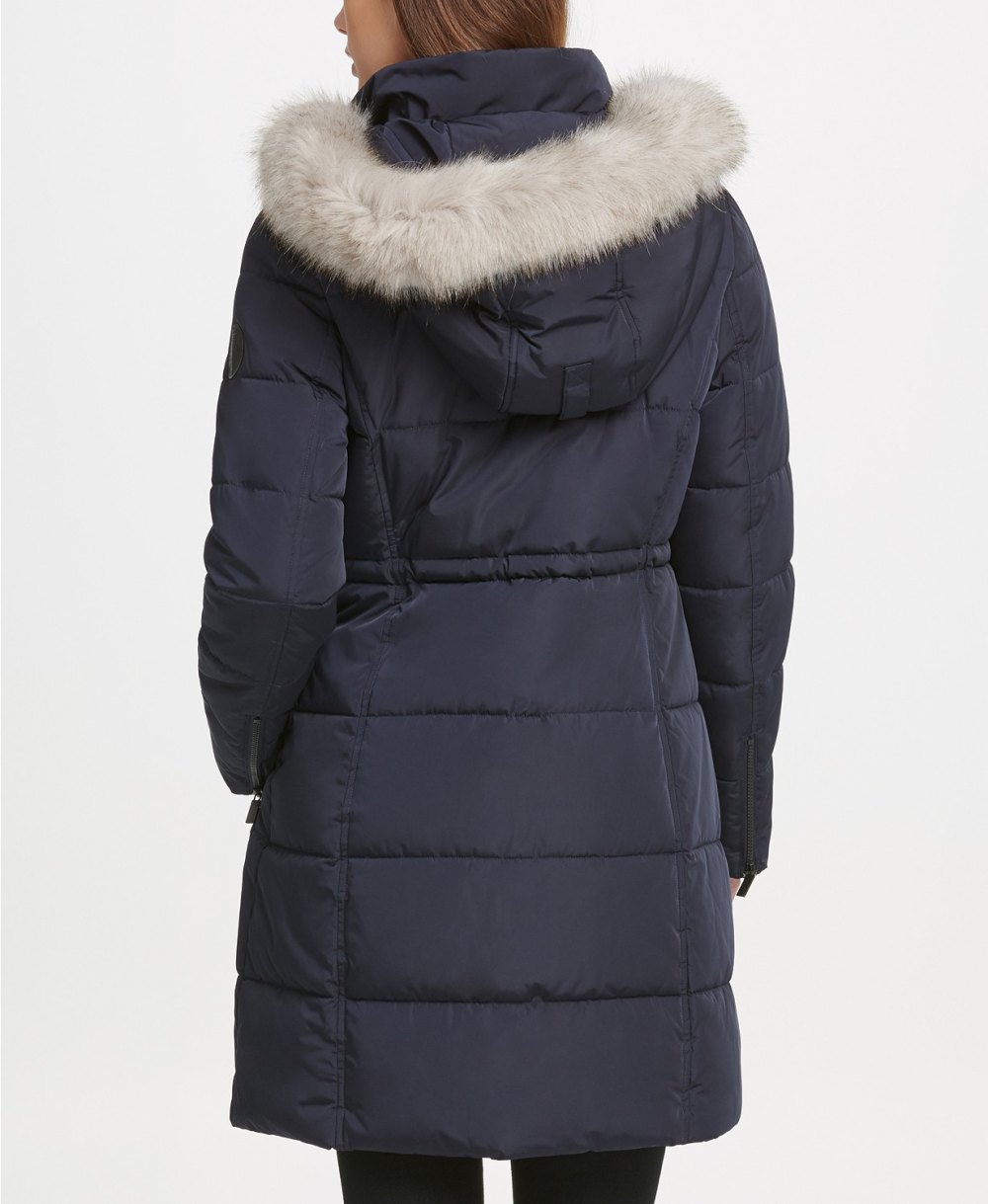 DKNY Faux-Fur-Trim Hooded Puffer Coat (Navy)
