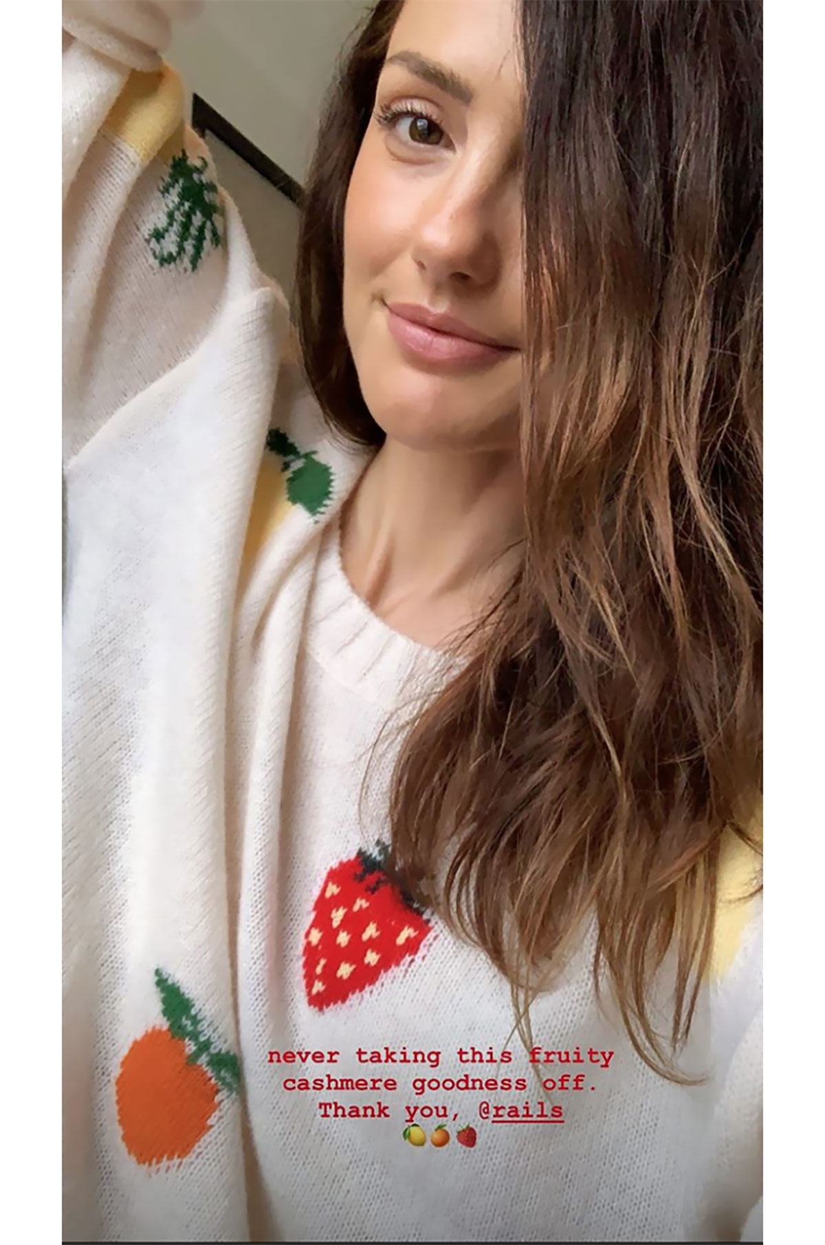 Minka Kelly Showed Off Her Cute Fruit Print Sweater in a Selfie