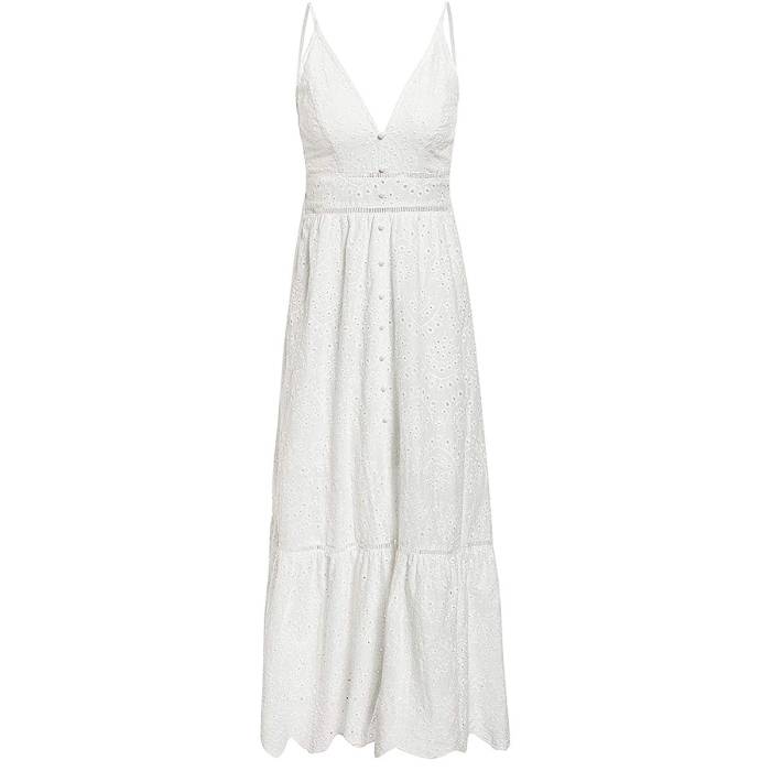 BerryGo Embroidery Pearl Button V Neck Spaghetti Strap Maxi Dress