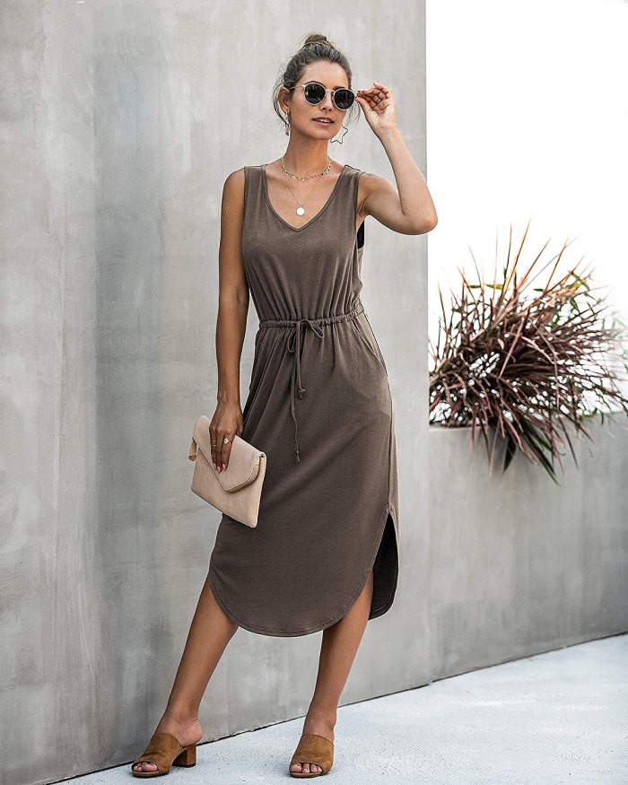 Longwu Casual V-Neck Side Slip Drawstring Midi Dress