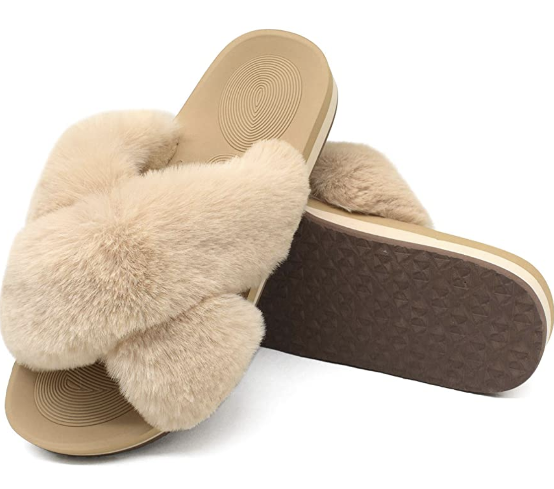 women's fuzzy criss cross slippers