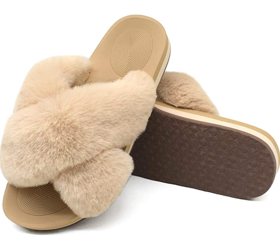 beige fuzzy slippers