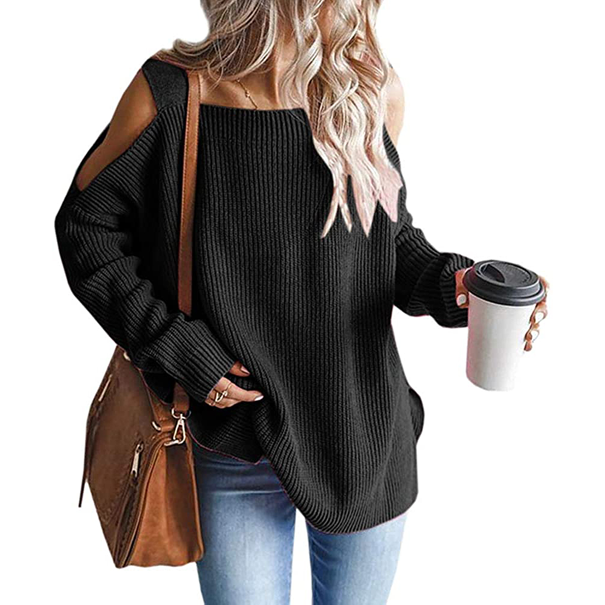 MaQiYa Cold Shoulder Batwing Oversize Sweater