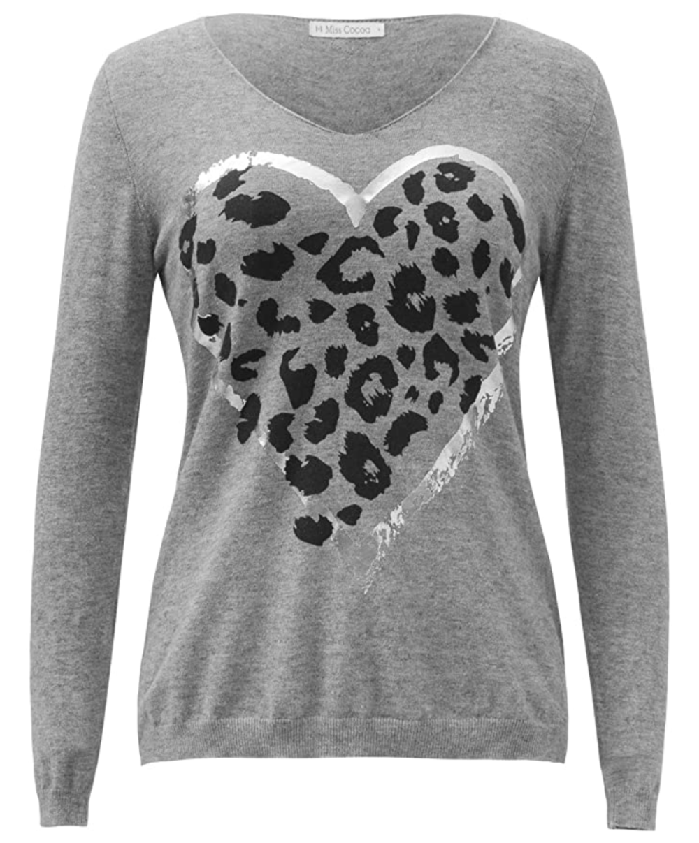 Miss Cocoa Jeans Women's Heart Leopard Print Sweater