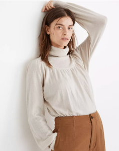 Shirred Balloon-Sleeve Turtleneck Sweater