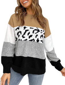 ZESICA Women's Striped Leopard Printed Long Sleeve Color Block Casual Knitted Pullover Sweater