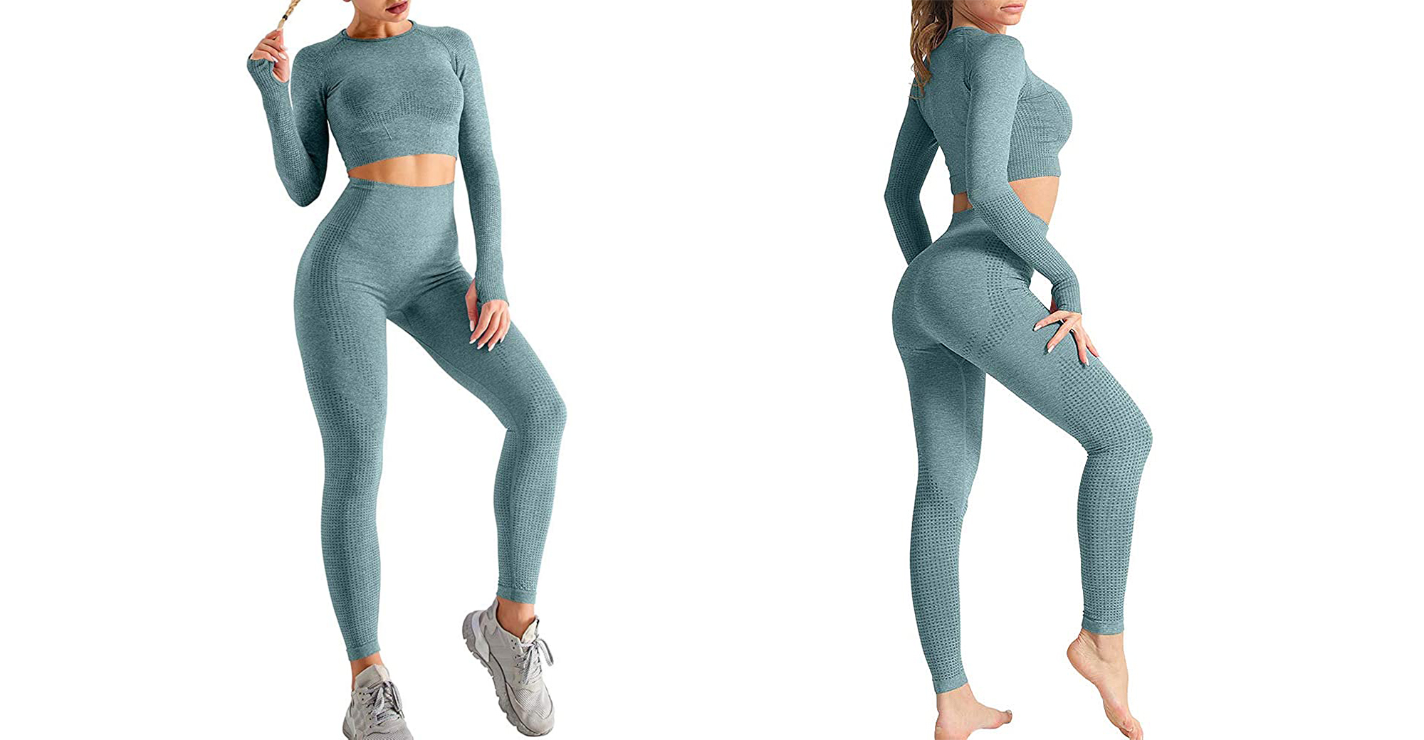 EUTOB Seamless 2 Piece Outfits Workout Yoga Gym Long Sleeve Tops