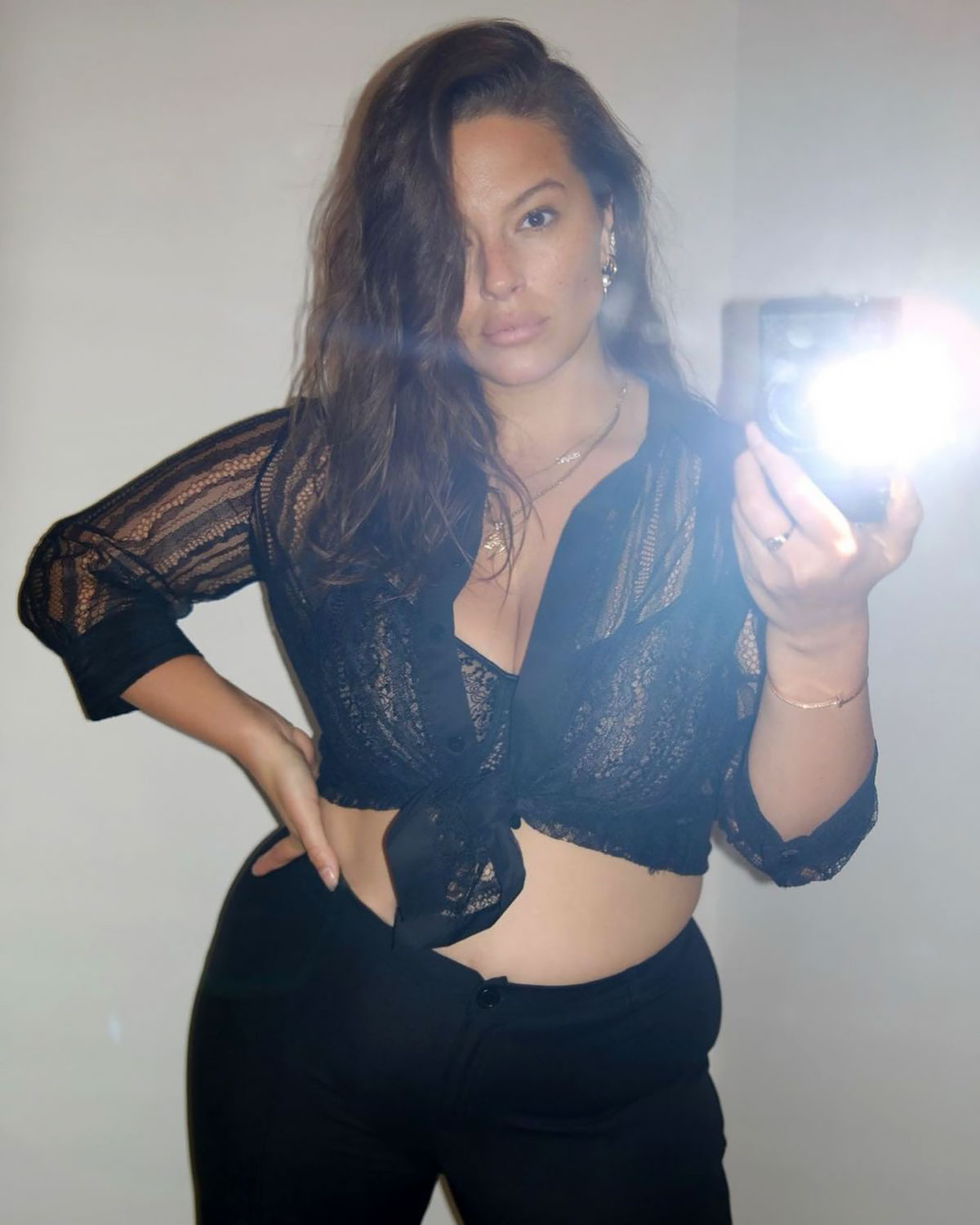 Plus Size Model in Black Bra, Fat Woman with Big Natural Breast on