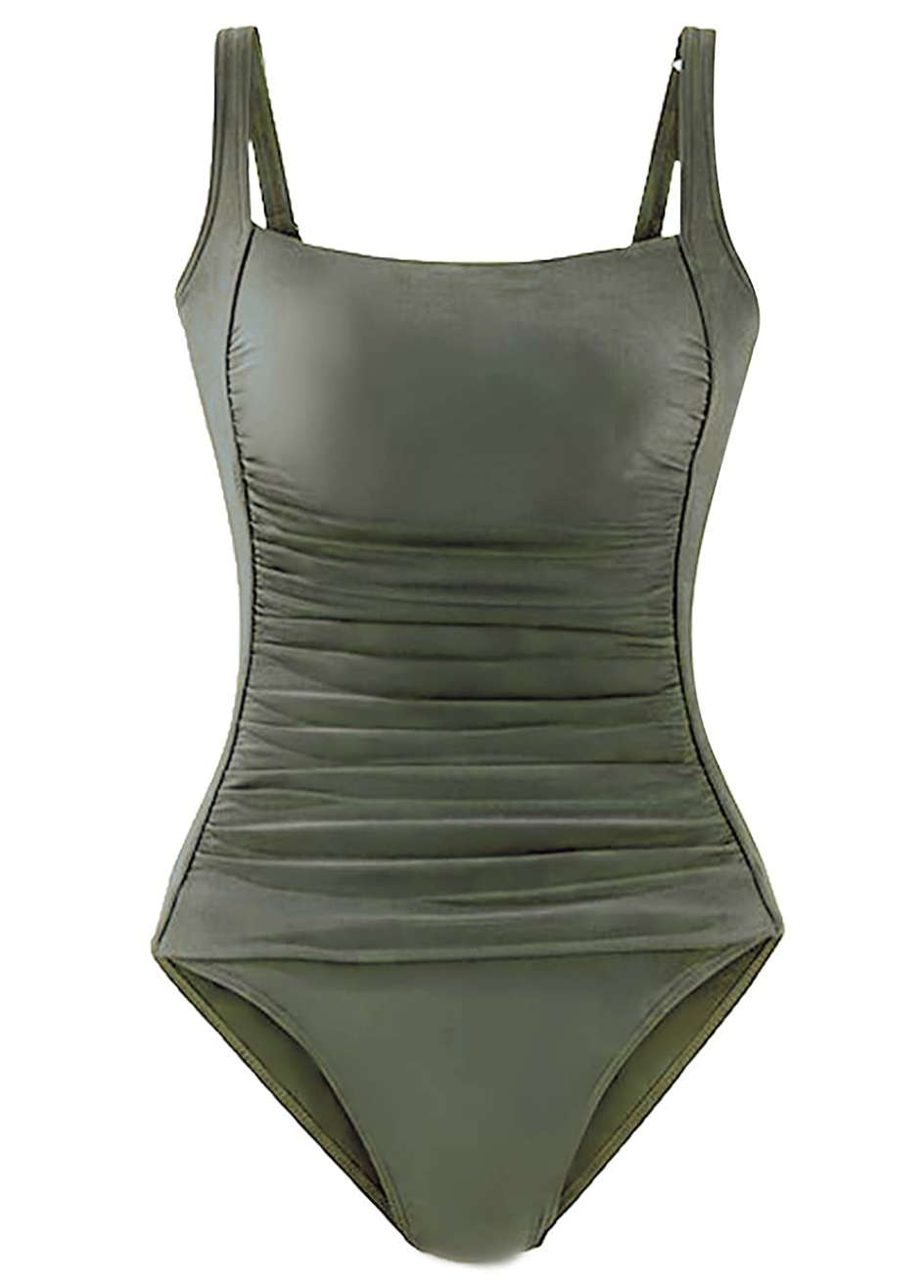  Womens Vintage Padded Push Up One Piece Swimsuits Tummy  Control Bathing Suits Plus Size Swimwear Olive Green 18