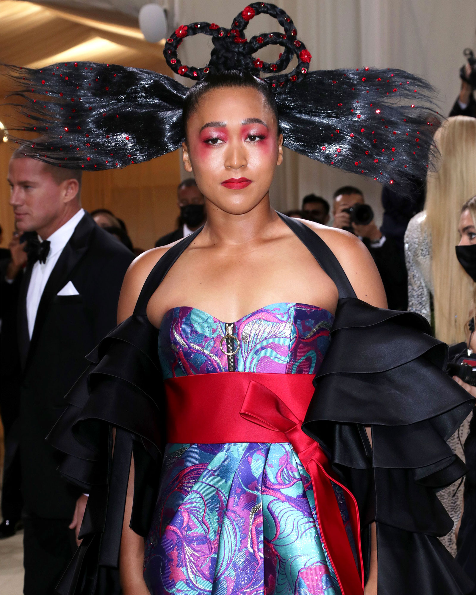Naomi Osaka Adds Red Flowers & Crystals To Her Hair For Met Gala