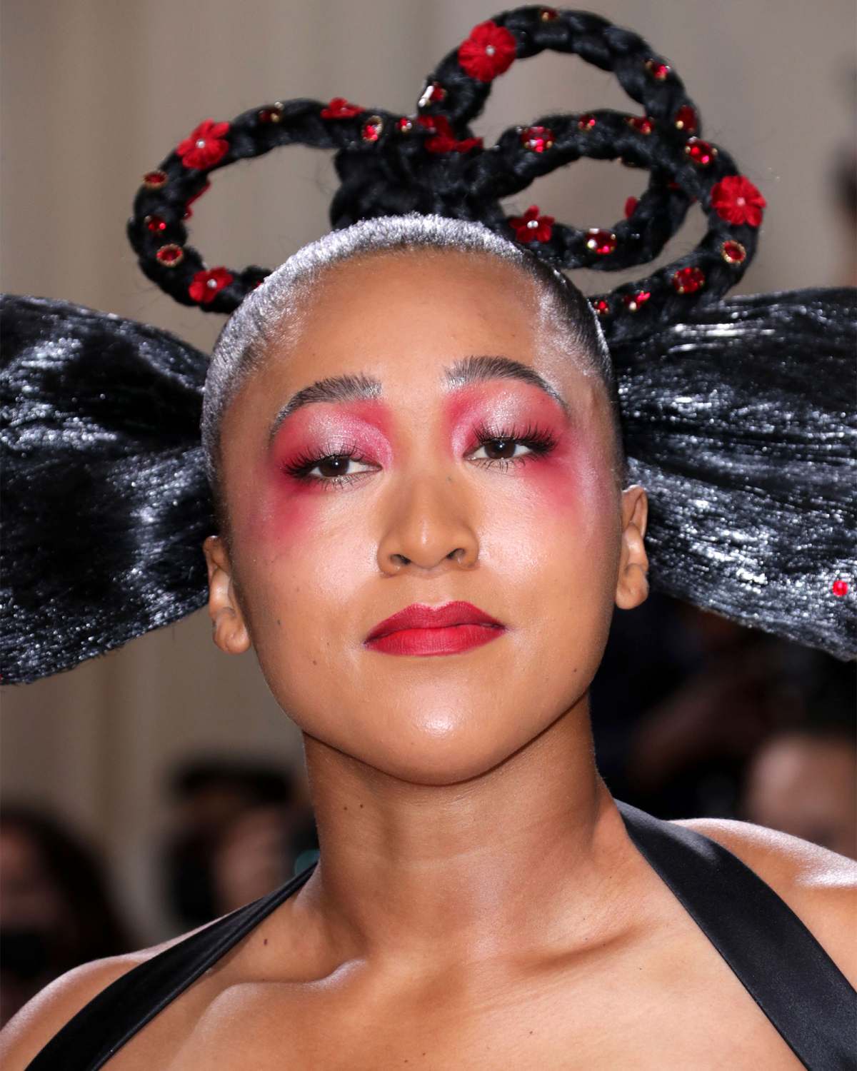 Naomi Osaka Adds Red Flowers & Crystals To Her Hair For Met Gala