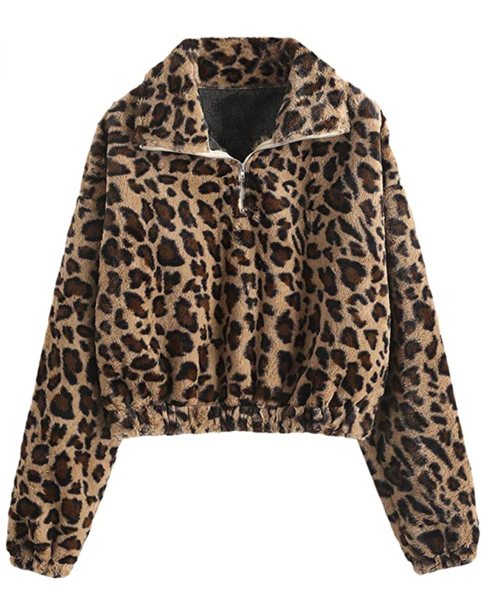 ZAFUL Women's Faux Fur Pullover Half Zip Crop Sweatshirt