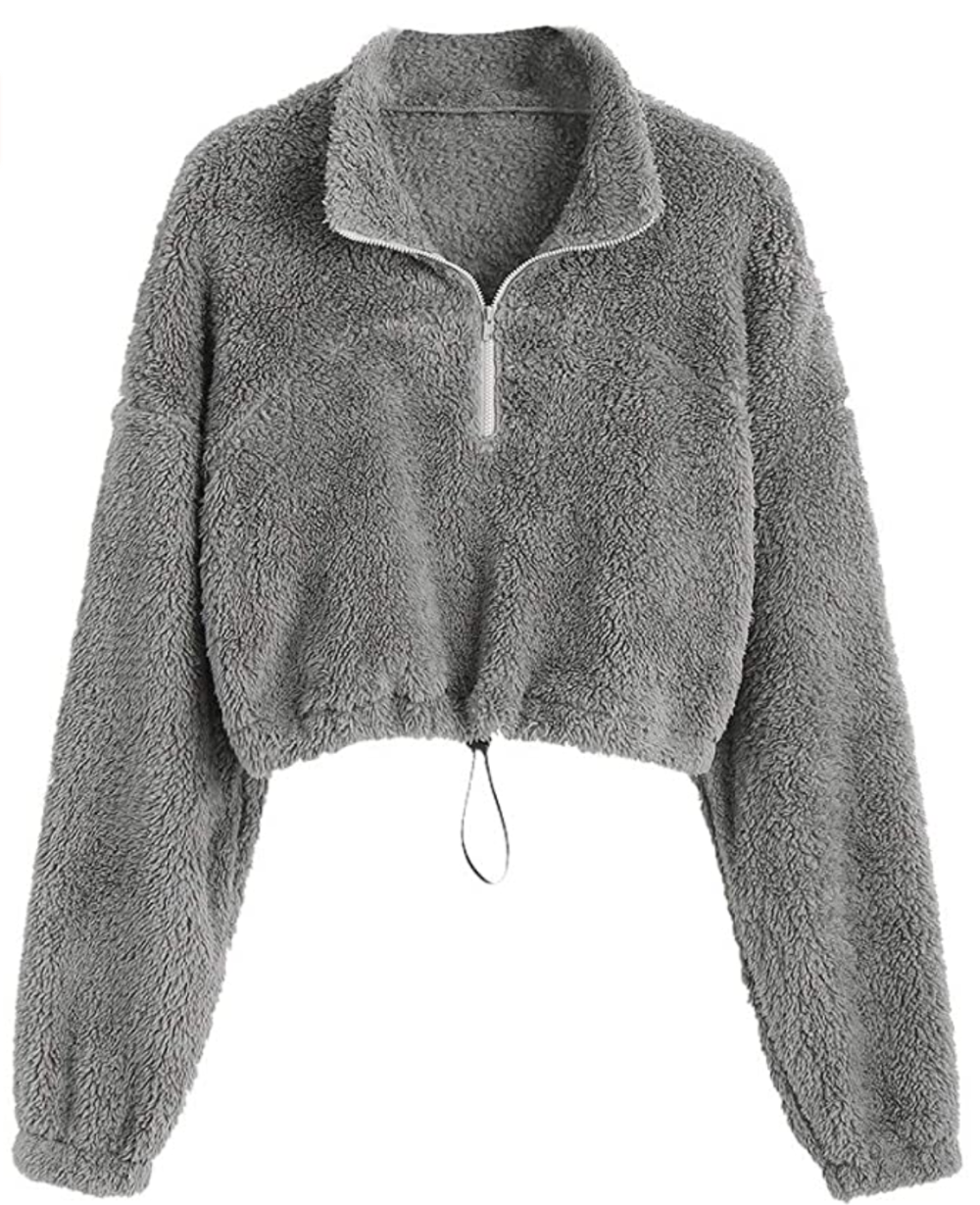 ZAFUL Women's Faux Fur Pullover Half Zip Crop Sweatshirt