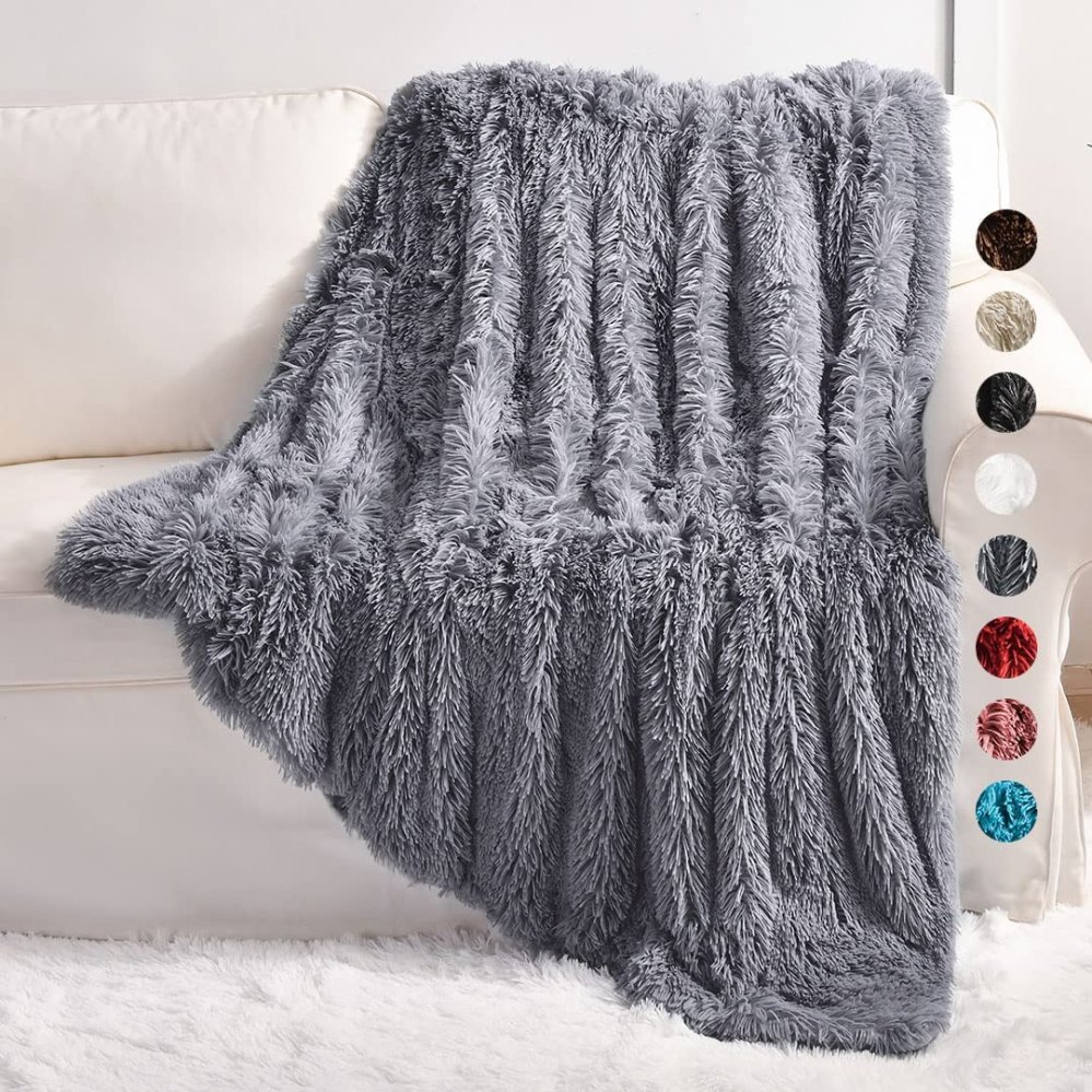 Yusoki Thick Grey Faux Fur Throw Blanket