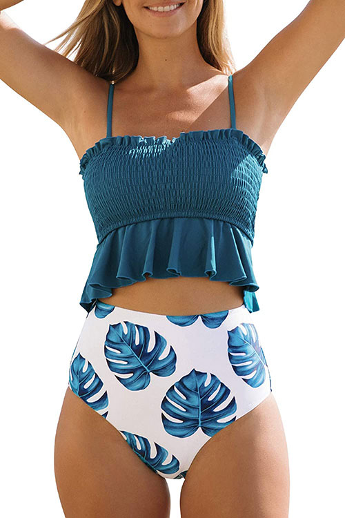 Women's Smocked High Waisted Bikini Swimsuit Ruffle Two Piece Bathing Suits  - Cupshe-Green-Medium