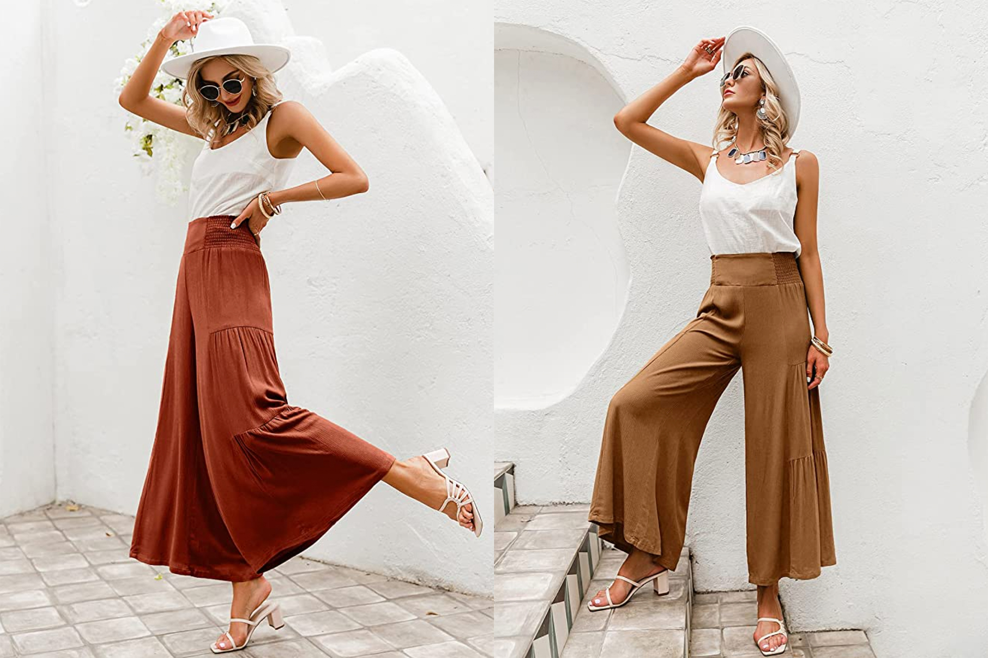 Women's High Waisted Plicated Side Pocket Wide Leg Flowy Solid Palazzo  Casual Cotton Pants - Halara