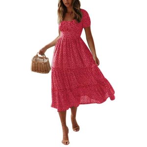 DYMADE Women Short Sleeve Summer Casual Midi Swing Dress