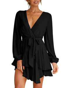 Cosonsen Deep V-Neck Long Sleeve Ruffle Swing Dress