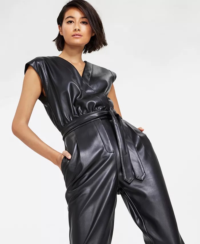 black faux leather romper