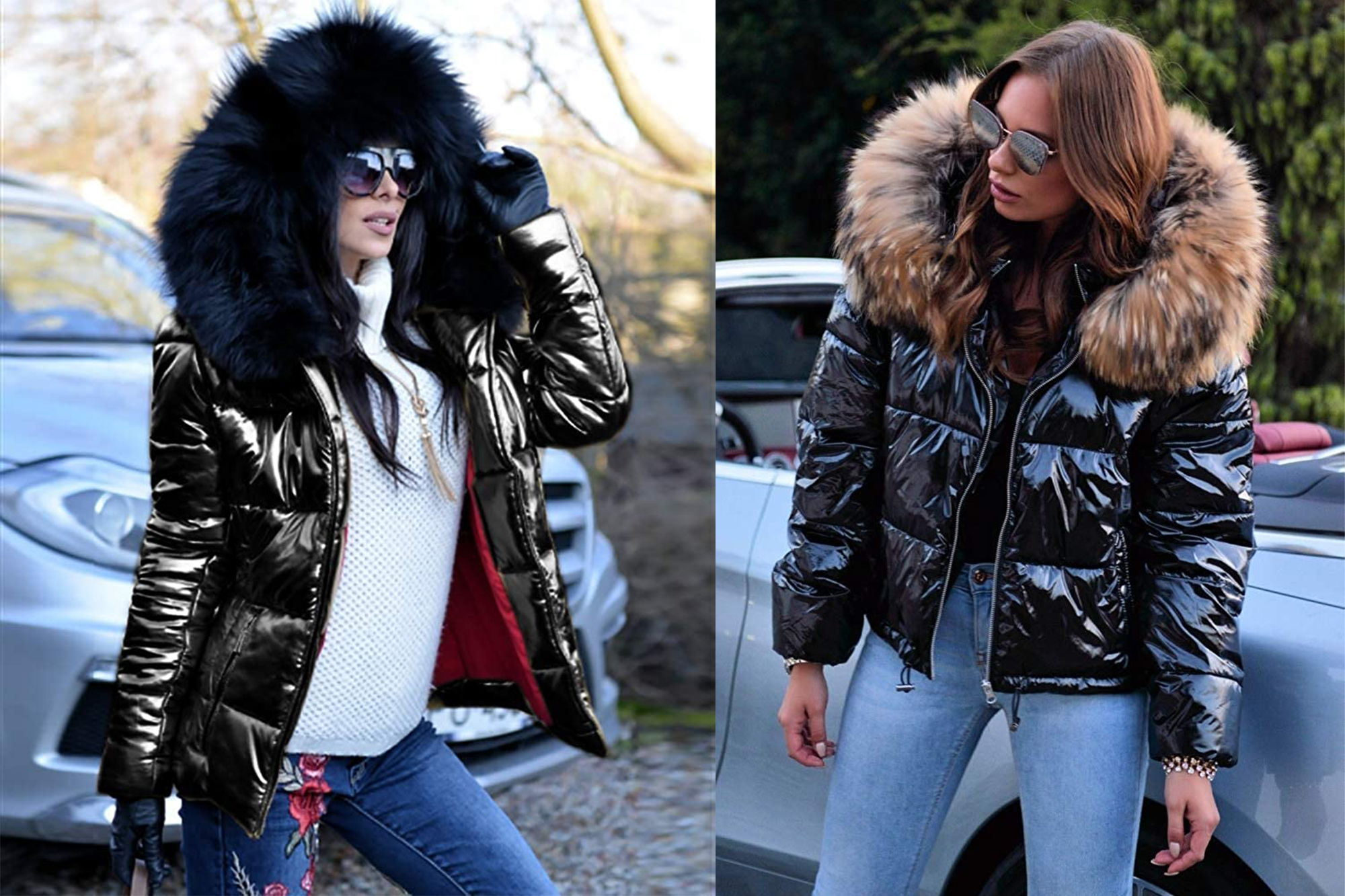 Puffer jacket with 2024 fur hood shiny