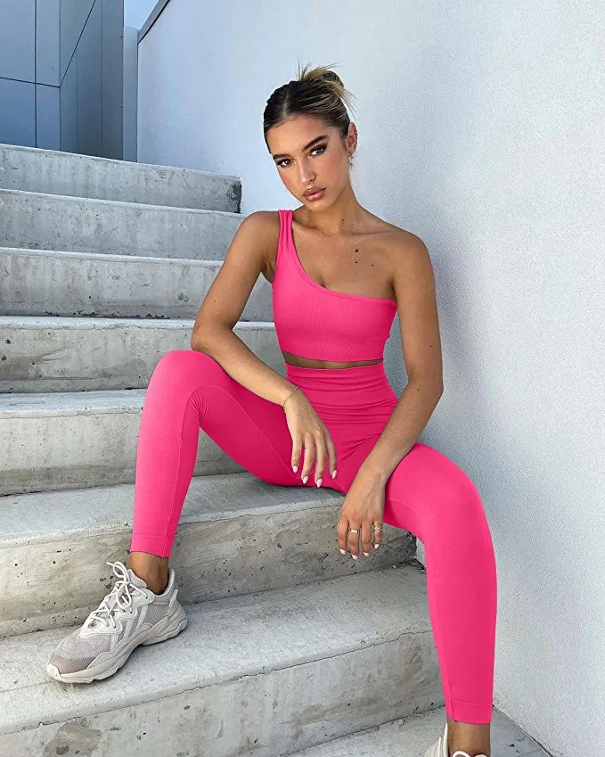 OQQ Women's 3 Piece Outfits Ribbed Seamless Exercise Scoop Neck Sports Bra  One Shoulder Tops High Waist Leggings Active Set