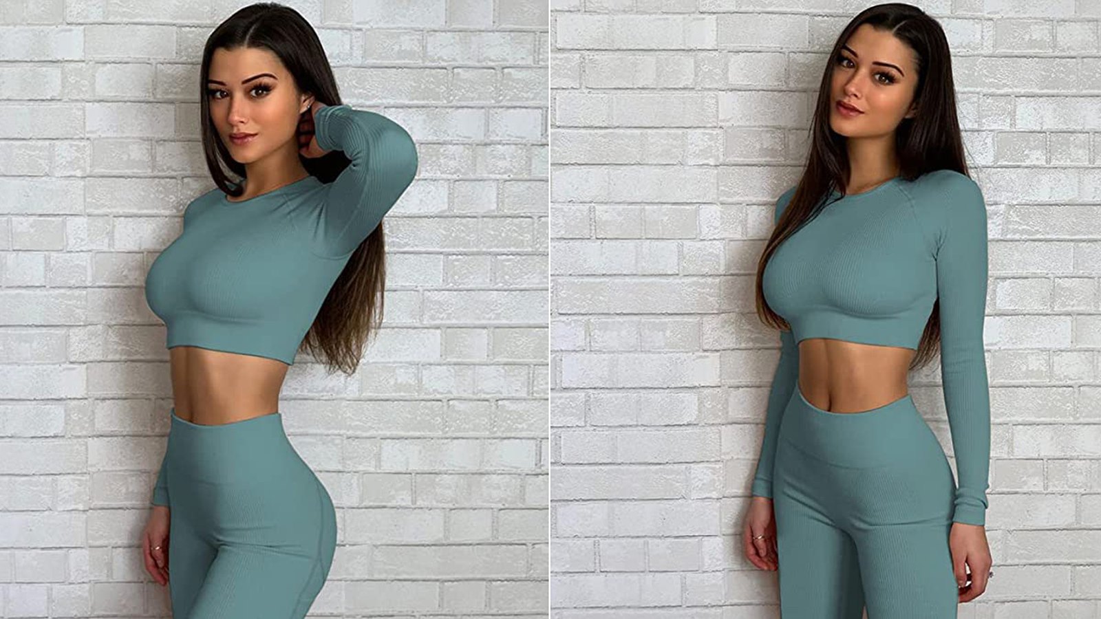QINSEN Seamless Workout Outfits for Women 2 Piece Ribbed Long