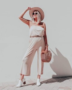 ZESICA Strapless Belted Wide Leg Jumpsuit