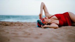 Woman-Wearing-Red-Swimsuit-Stock-Photo