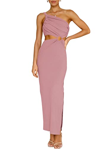 ANRABESS Women’s Summer Sexy Bodycon Maxi Gradution Dress 2023 Prom Dresses One Shoulder Sleeveless Sexy Cut Out Formal Cocktail Party Dress 765fense-M Pink