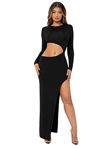Verdusa Women's Cut Out Long Sleeve Split Thigh Bodycon Maxi Dress Black S