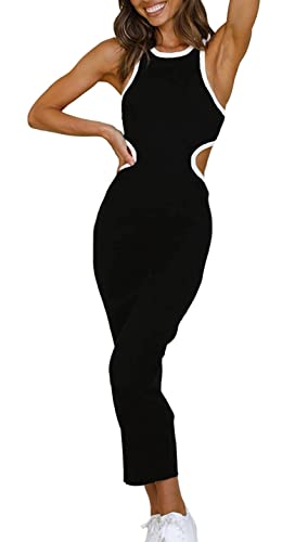 NauLon Womens Sexy Cut Out Waist Open Back Bodycon Dress Ankle Length Ribbed Party Club Midi Dresses (as1, Alpha, m, Regular, Regular, Black, M)